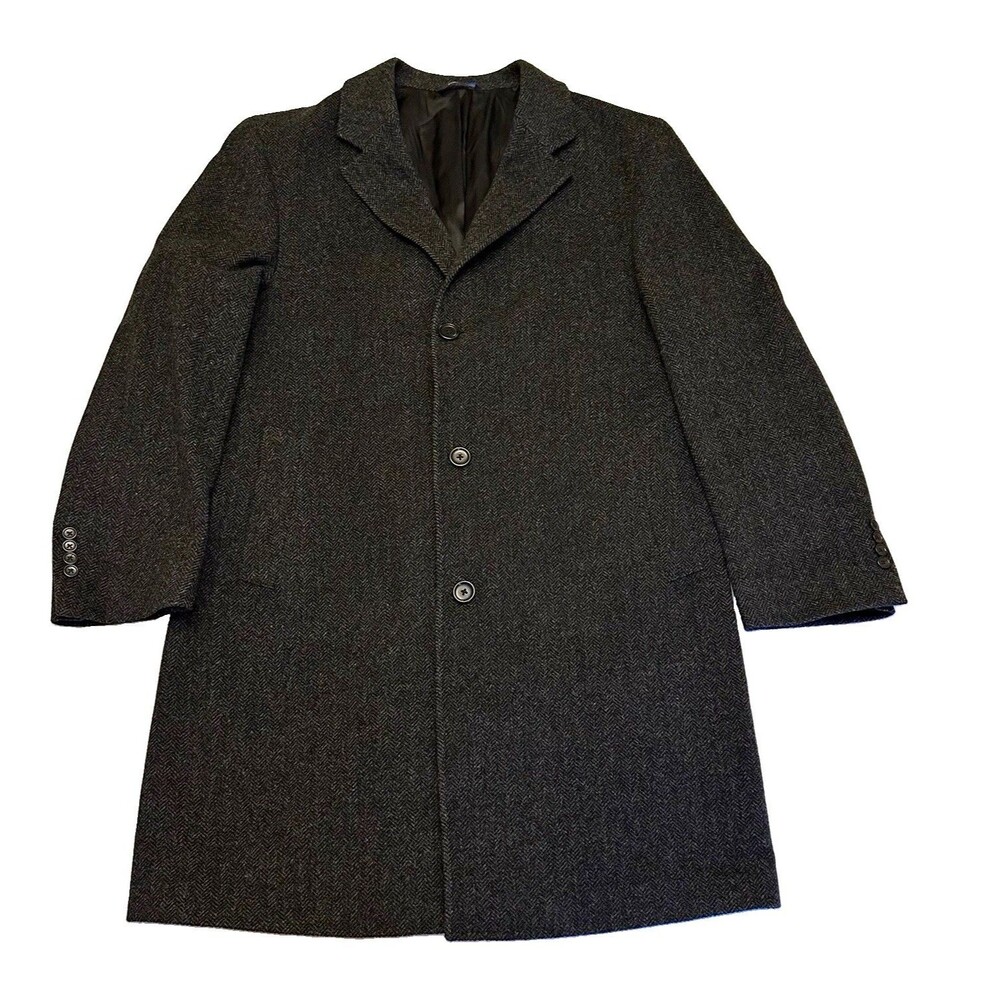 Ralph Lauren Mens 100% Wool Overcoat Charcoal Grey Herringbone Jacket 42R 23.5P2